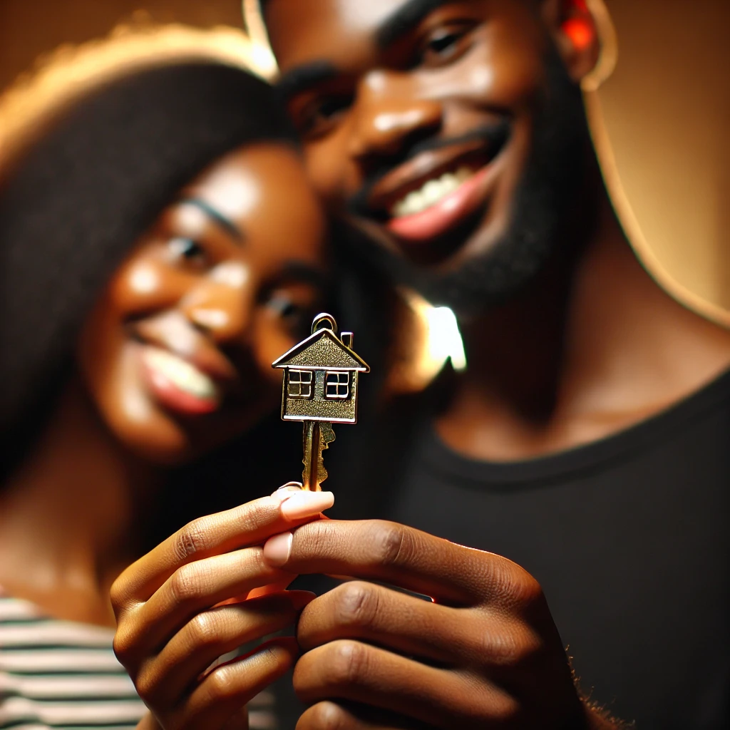 DALL·E 2025-02-13 15.35.51 - A close-up portrait of a Black couple holding a house key together, with the focus on the key. The couple is smiling joyfully, symbolizing new homeown