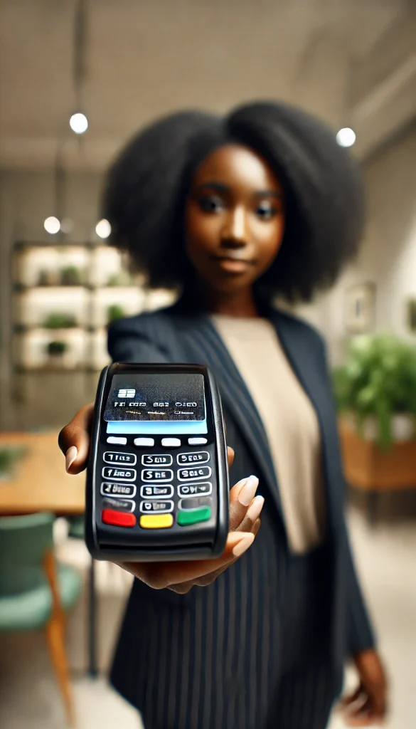 DALL·E 2025-02-13 16.31.03 - A portrait of a Black woman handing over a credit card to a payment terminal. The focus is on the credit card as it is being inserted or tapped on the