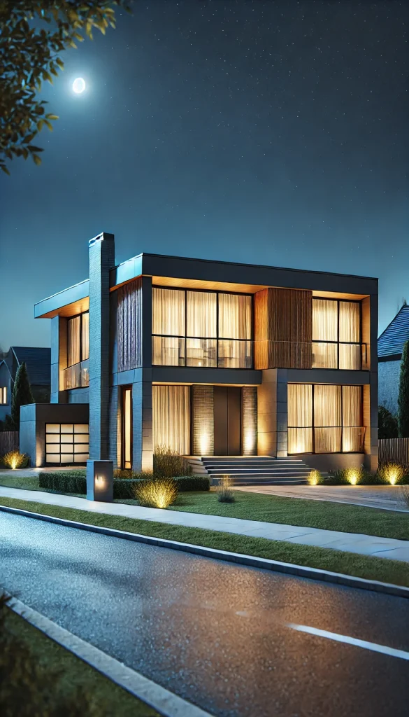 DALL·E 2025-02-13 16.45.38 - A realistic portrait-style image of a modern house on a quiet residential street at night. The house is well-lit with warm interior lights shining thr