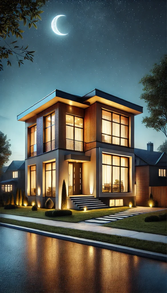 DALL·E 2025-02-13 16.47.48 - A realistic portrait-style image of a luxurious two-story house on a quiet suburban street at night. The house features large glass windows, a modern