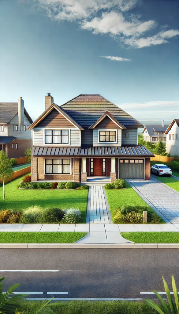 DALL·E 2025-02-13 16.52.46 - A realistic street view of a modern suburban house with a well-maintained roof. The house features a front yard with green grass and a pathway leading