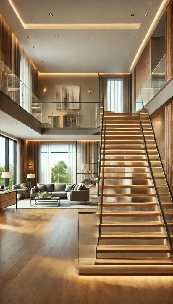 DALL·E 2025-02-13 16.55.24 - A realistic interior view of a modern house featuring an elegant staircase. The stairs are made of polished wood with glass railings, leading to an up