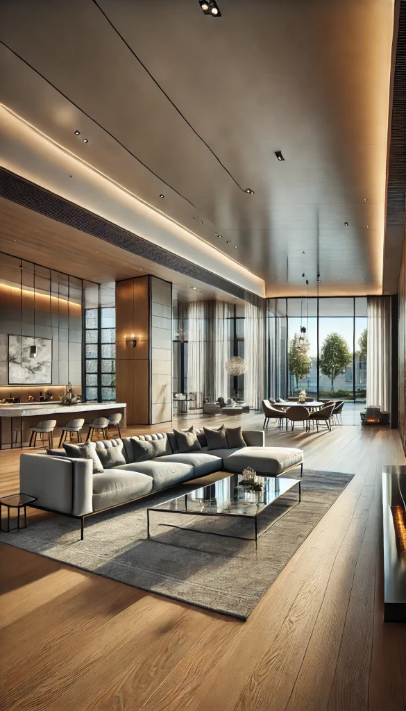 DALL·E 2025-02-13 16.56.58 - A high-end real estate interior view of a modern house. The image showcases a spacious living room with large floor-to-ceiling windows, allowing natur