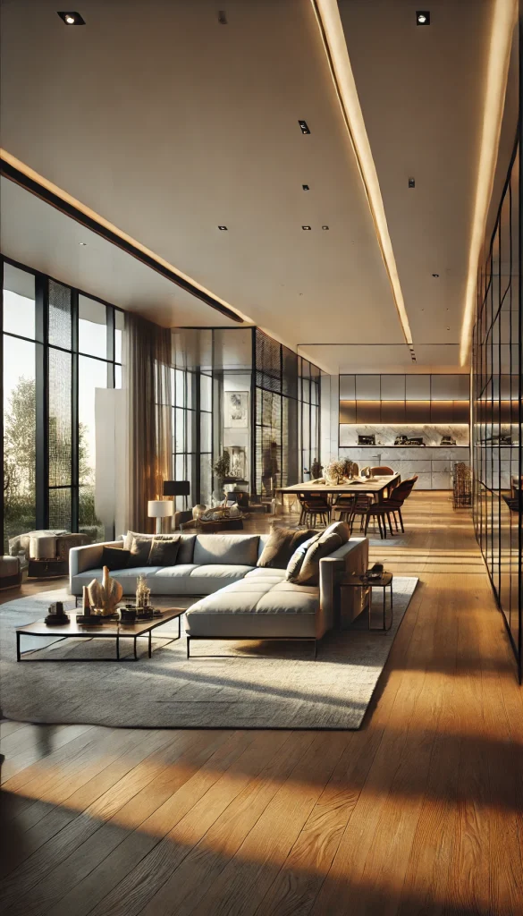 DALL·E 2025-02-13 17.10.20 - A high-resolution interior view of a modern luxury house. The scene features a spacious open-concept living room with floor-to-ceiling windows, elegan