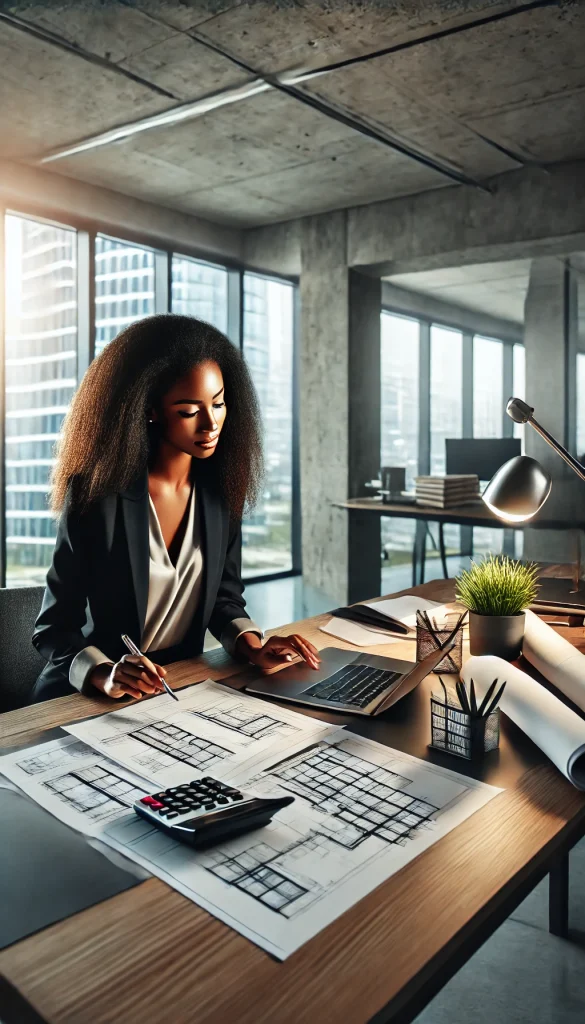 DALL·E 2025-02-13 17.22.51 - A professional Black woman in a modern office, engaged in a discussion while reviewing forms, using a laptop, and a calculator. She is surrounded by b