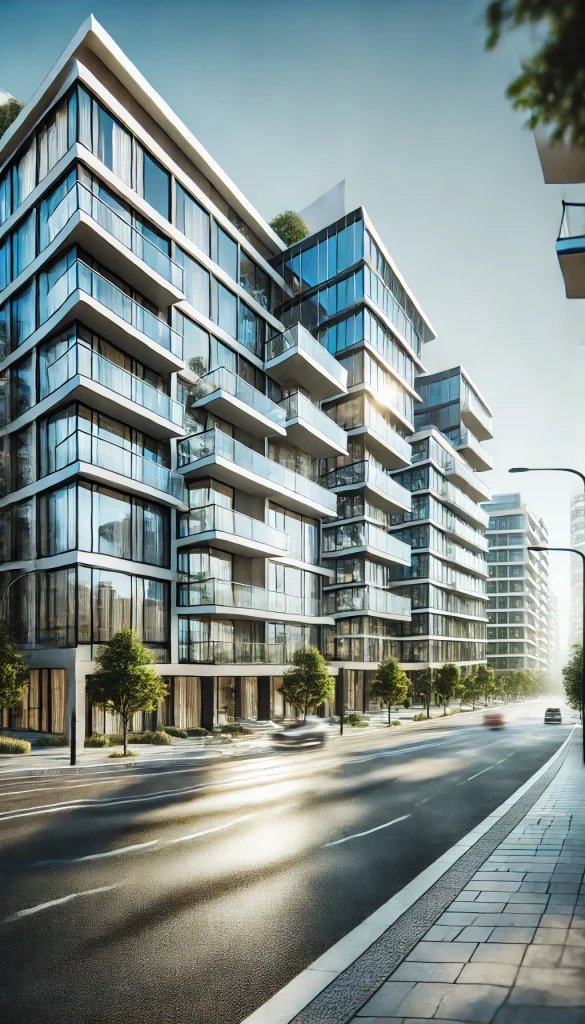DALL·E 2025-02-13 17.44.45 - A realistic street view of a modern real estate apartment block with large glass windows. The building is contemporary in design, featuring sleek line