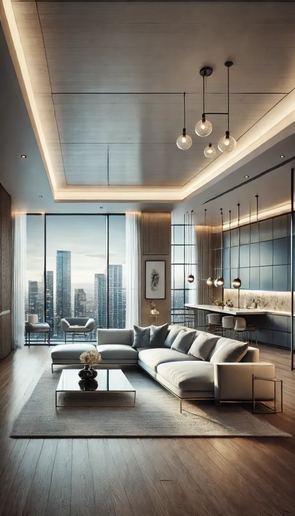 DALL·E 2025-02-13 17.48.31 - A high-end real estate apartment interior, featuring a spacious open-plan living room with floor-to-ceiling windows showcasing a city skyline. The roo